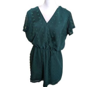 Angashion (Amazon) v-neck silky shorts romper with puff dots, evergreen L